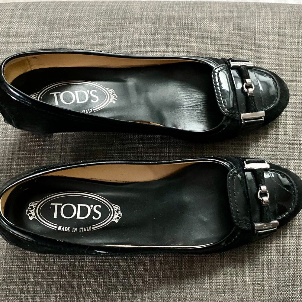 Tod's Vint. Black Suede Patent Leather Heeled Loafers Pumps Shoes 37,5 EU 7,5 US